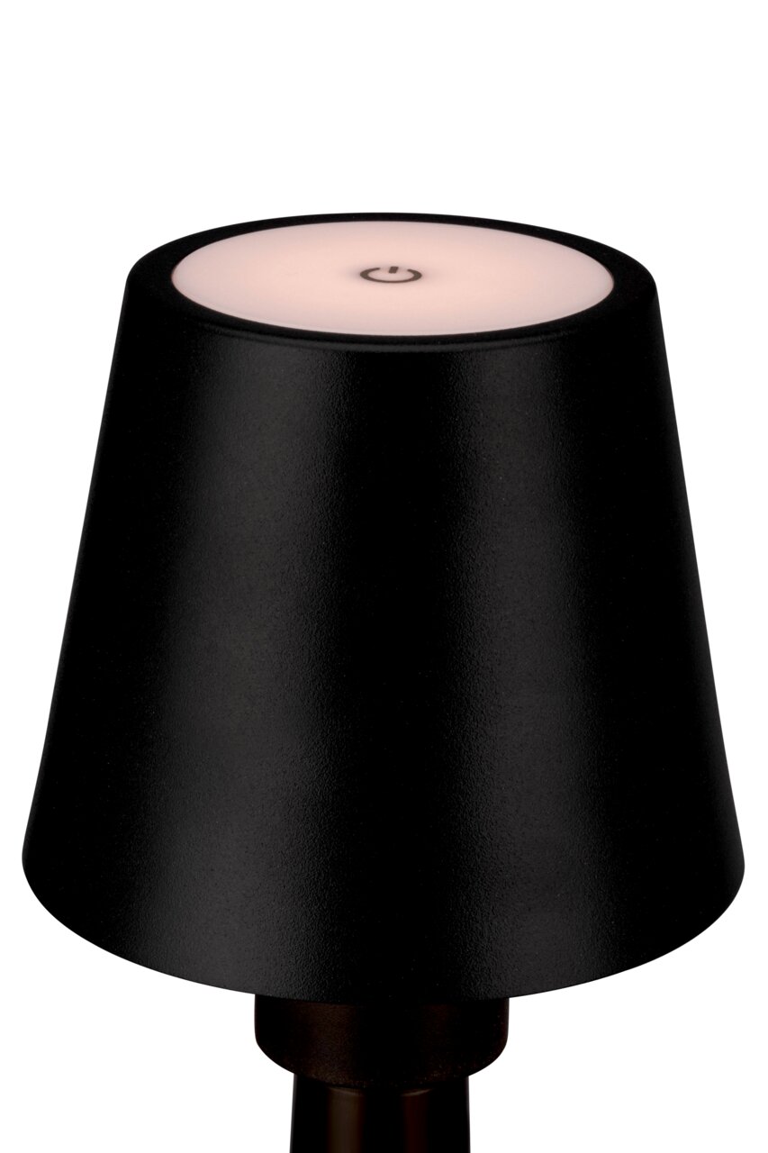 Schwarze Akku-Tischleuchte mit modernem Design, Ansicht von oben mit sichtbarem Ein-/Ausschalter auf der Oberseite.