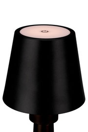 Schwarze Akku-Tischleuchte mit modernem Design, Ansicht von oben mit sichtbarem Ein-/Ausschalter auf der Oberseite.