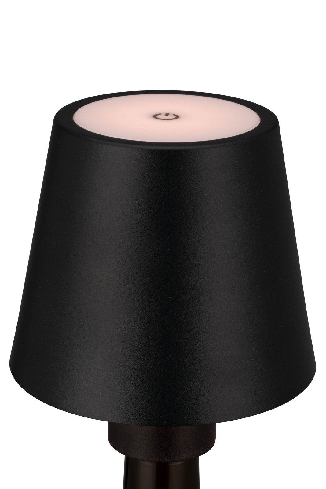 Schwarze Akku-Tischleuchte mit modernem Design, Ansicht von oben mit sichtbarem Ein-/Ausschalter auf der Oberseite.