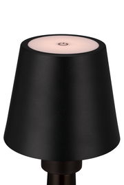 Schwarze Akku-Tischleuchte mit modernem Design, Ansicht von oben mit sichtbarem Ein-/Ausschalter auf der Oberseite.