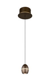 Moderne Pendelleuchte in Schwarz mit ovalem Lampenkopf und warmweißem Lichtband, freigestellt vor weißem Hintergrund, Ansicht von vorne
