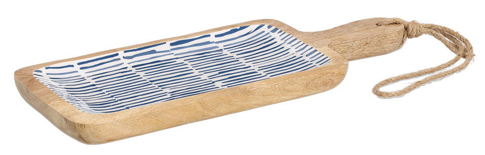 Servierbrett aus Mangoholz mit blauer Musterung, seitliche Perspektive
