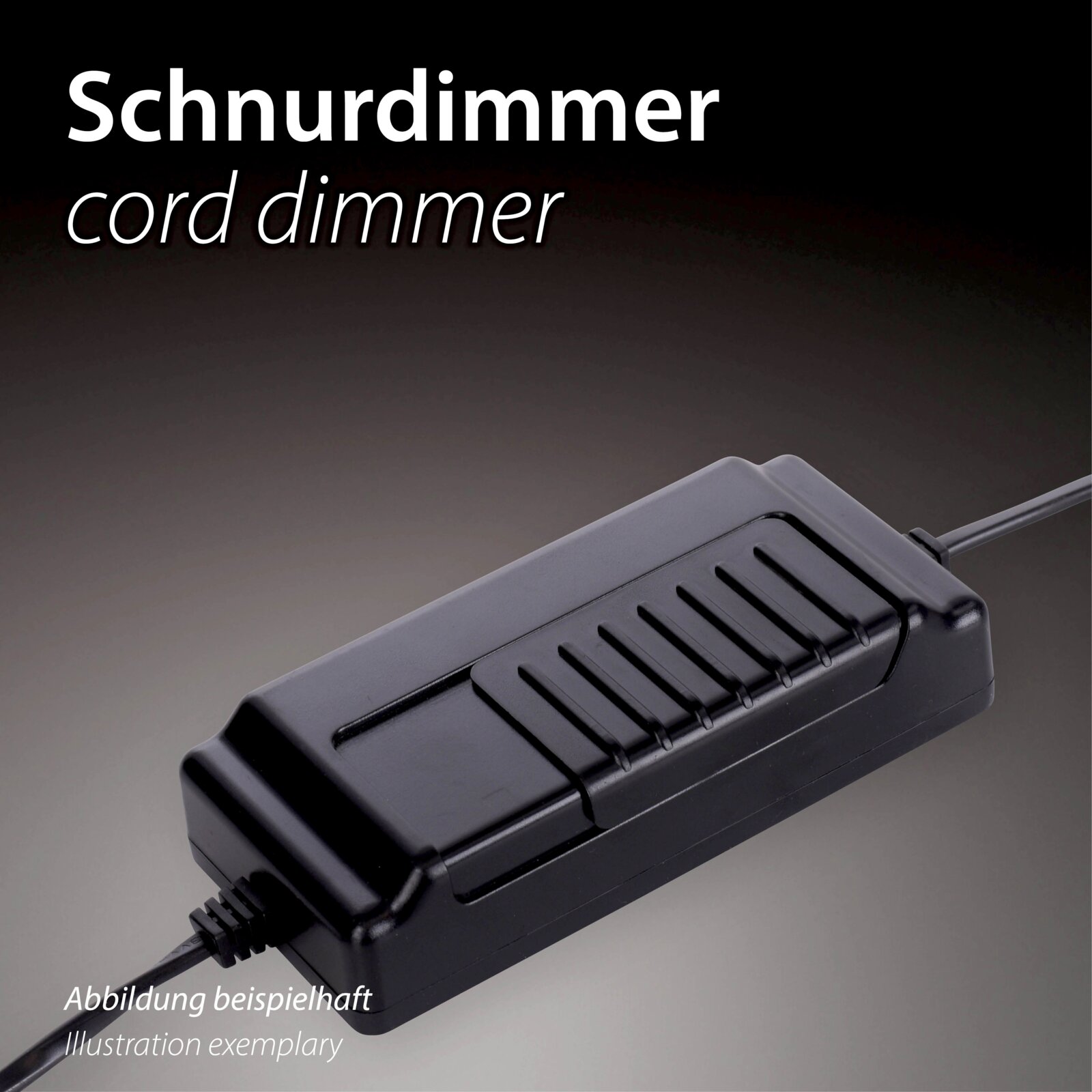 Schwarzer Schnurdimmer (Cord Dimmer) für Lampenkabel mit Schieberegler, Nahaufnahme in schräger Seitenansicht