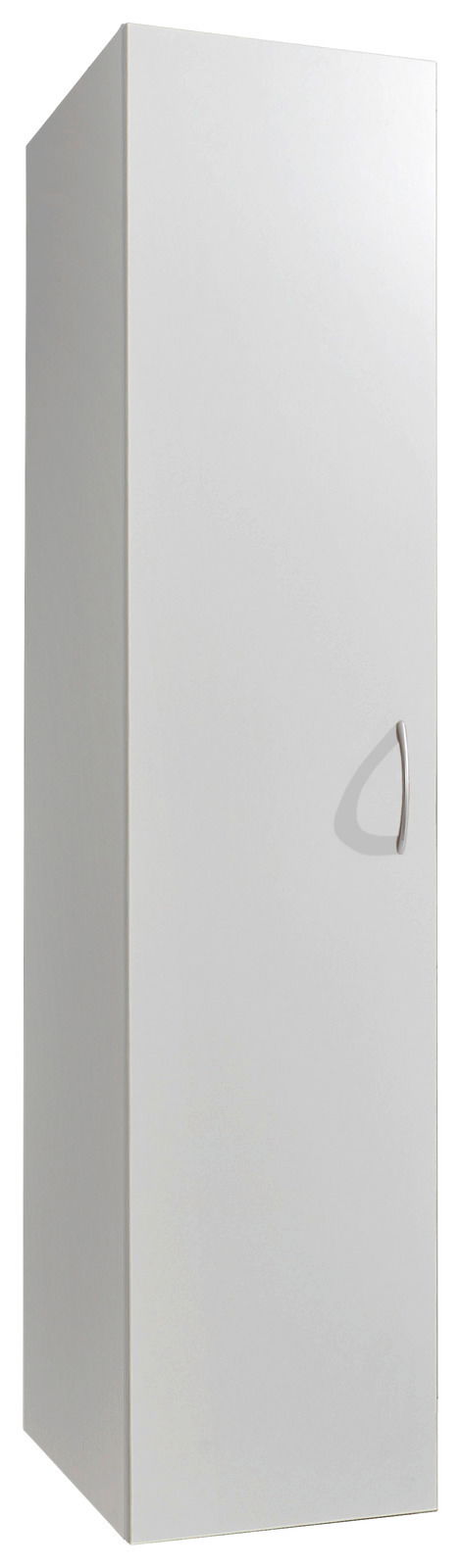 Weißer Mehrzweckschrank mit einer Tür und silbernem Griff, seitliche Perspektive