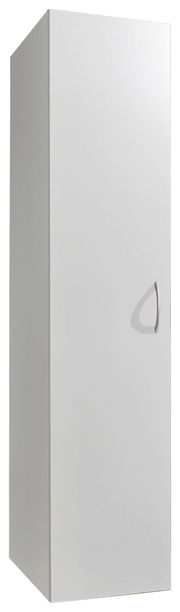 Weißer Mehrzweckschrank mit einer Tür und silbernem Griff, seitliche Perspektive