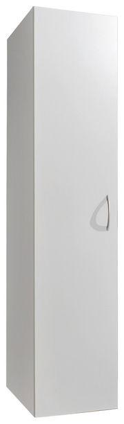 Weißer Mehrzweckschrank mit einer Tür und silbernem Griff, seitliche Perspektive