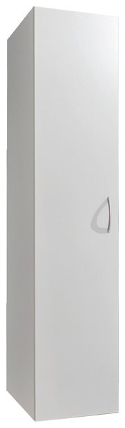 Weißer Mehrzweckschrank mit einer Tür und silbernem Griff, seitliche Perspektive