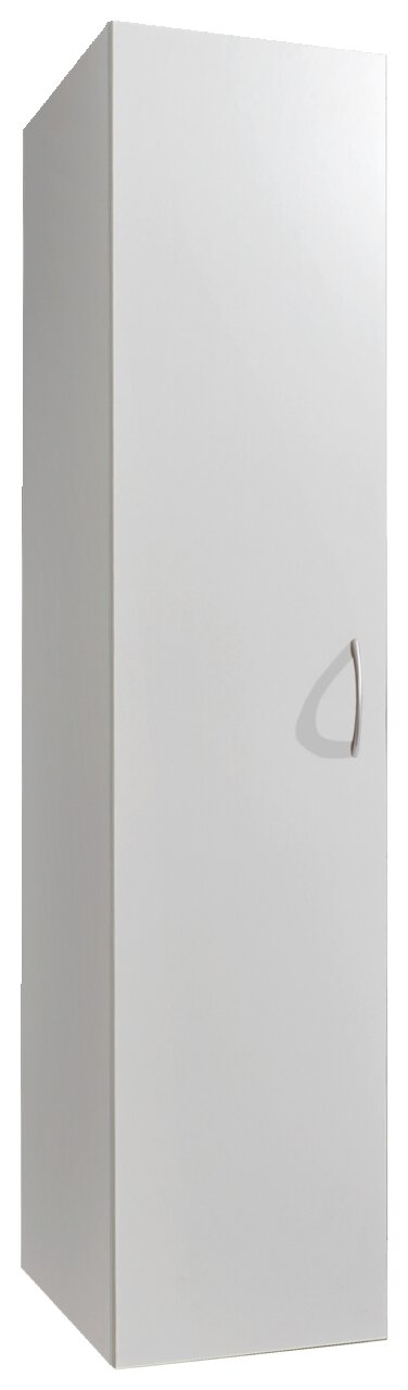 Weißer Mehrzweckschrank mit einer Tür und silbernem Griff, seitliche Perspektive