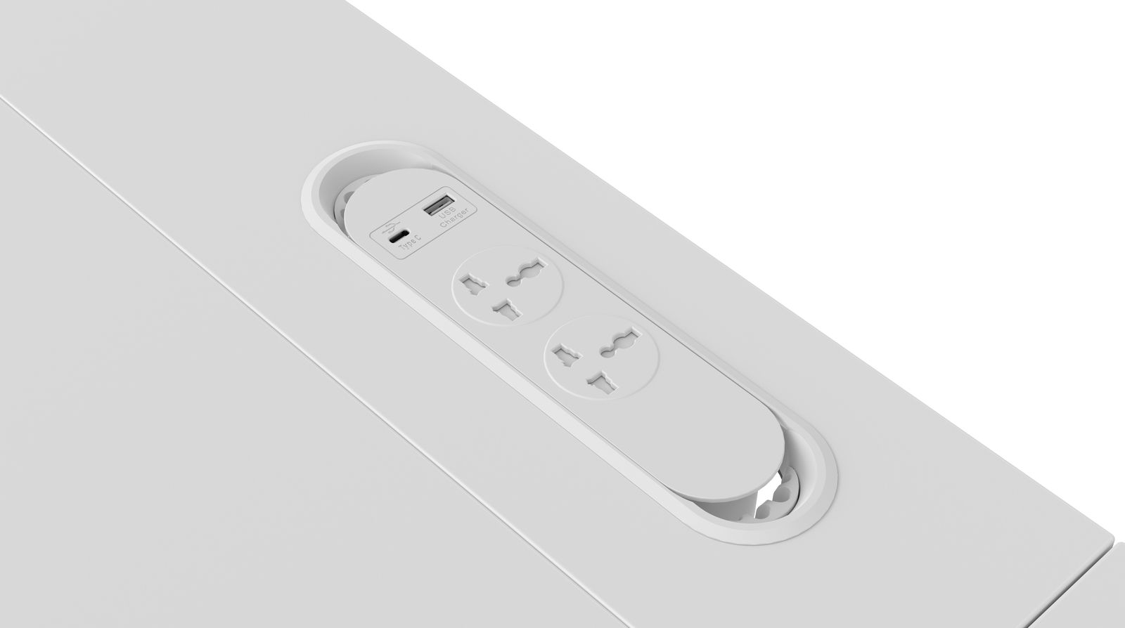 Nahaufnahme eines weißen E-Schreibtischs mit integrierter Steckdosenleiste und USB-Anschlüssen, perspektivisch von oben fotografiert.