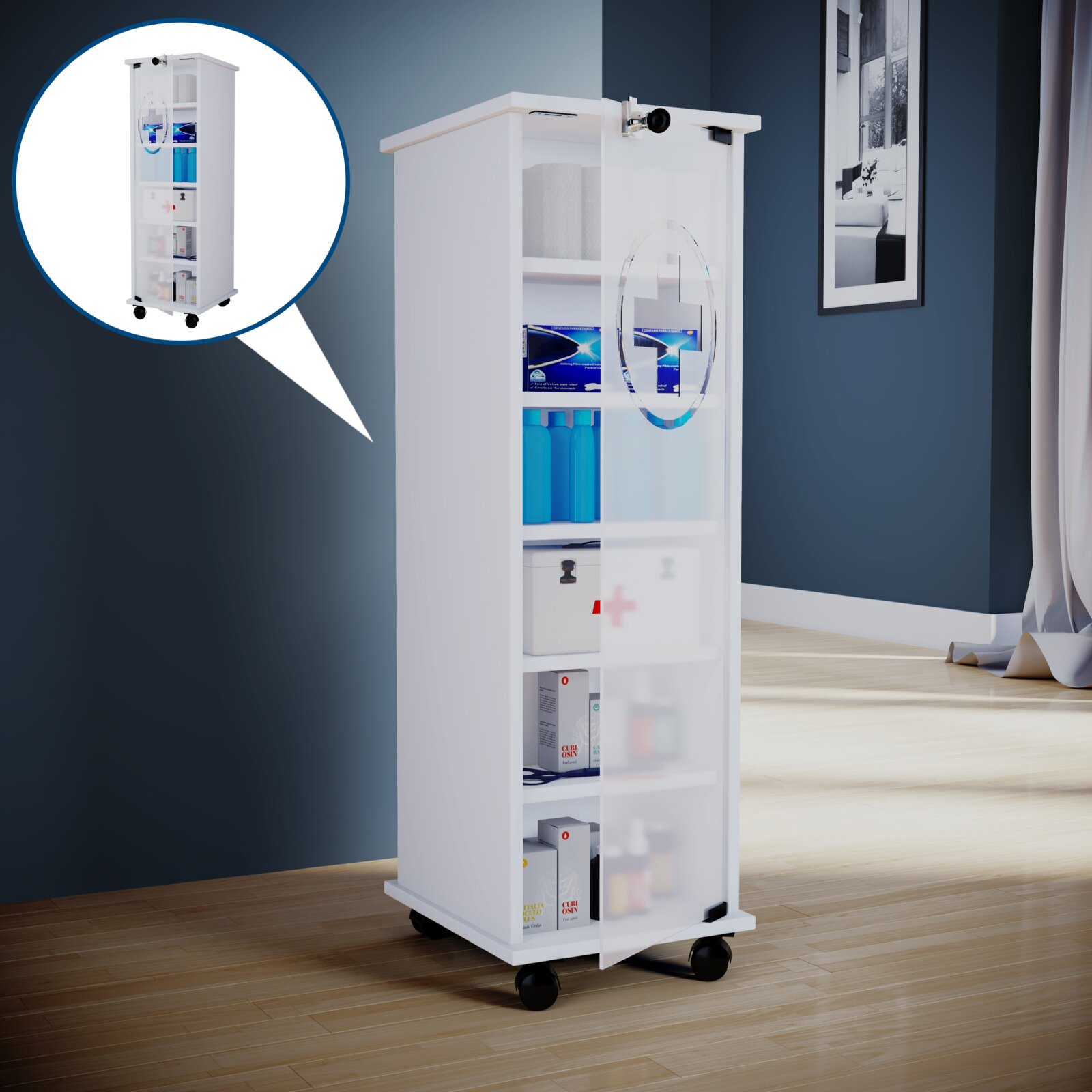 Weißer mobiler Medizinschrank auf Rollen mit halbtransparenter Tür und ovalem Sichtfenster, gefüllt mit Hygiene- und Medizinartikeln Perspektive: leicht seitliche Vorderansicht (3/4-Ansicht)