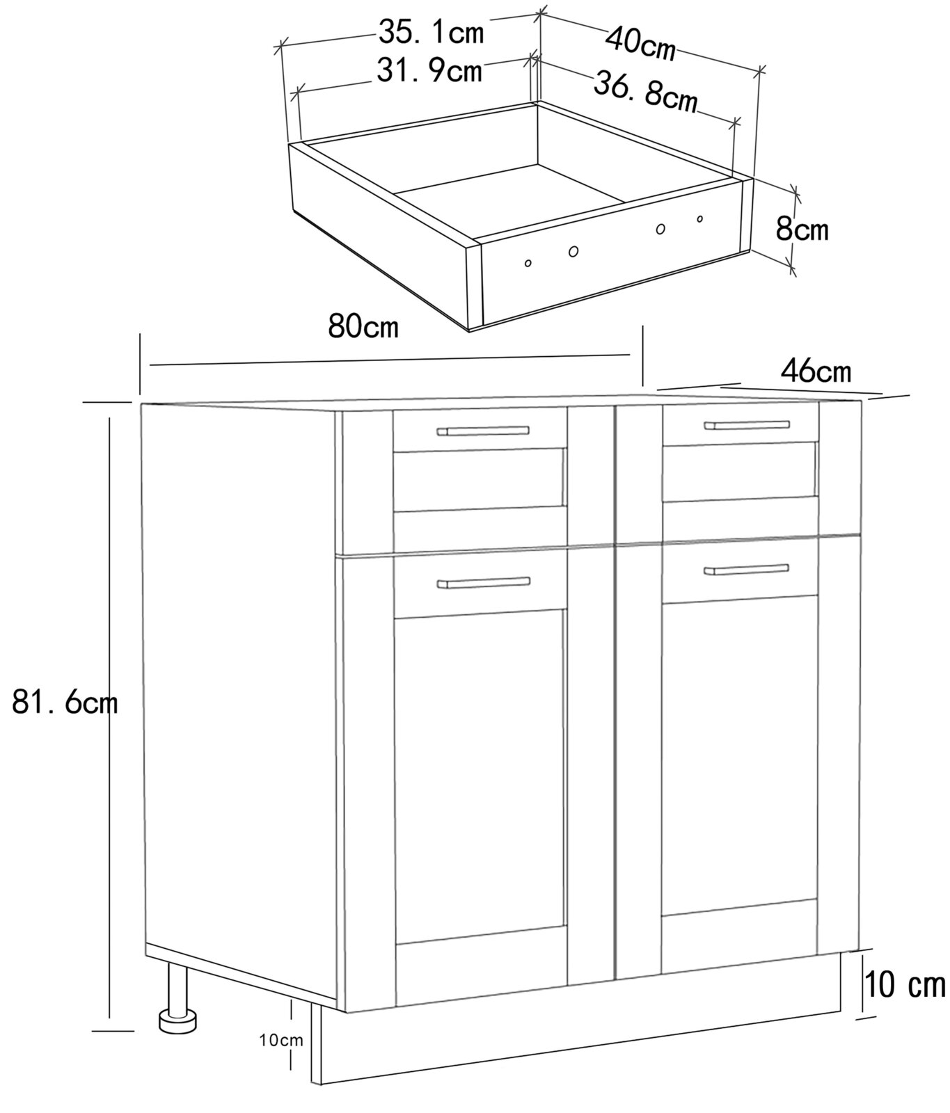 Technische Zeichnung eines Badezimmer-Waschtischunterschranks mit zwei Türen und zwei Schubladen, Maße ca. 80 cm breit, 46 cm tief und 81,6 cm hoch, Frontansicht mit zusätzlicher Detailansicht der oberen Aussparung in schräger Perspektive.