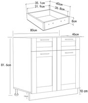Technische Zeichnung eines Badezimmer-Waschtischunterschranks mit zwei Türen und zwei Schubladen, Maße ca. 80 cm breit, 46 cm tief und 81,6 cm hoch, Frontansicht mit zusätzlicher Detailansicht der oberen Aussparung in schräger Perspektive.