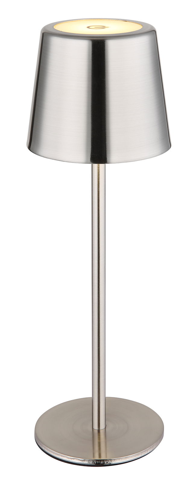 Moderne Tischleuchte aus gebürstetem Metall in Frontalansicht