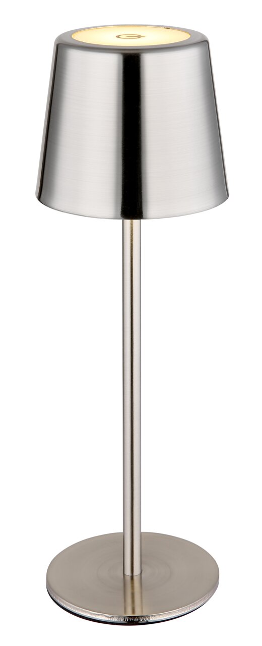 Moderne Tischleuchte aus gebürstetem Metall in Frontalansicht