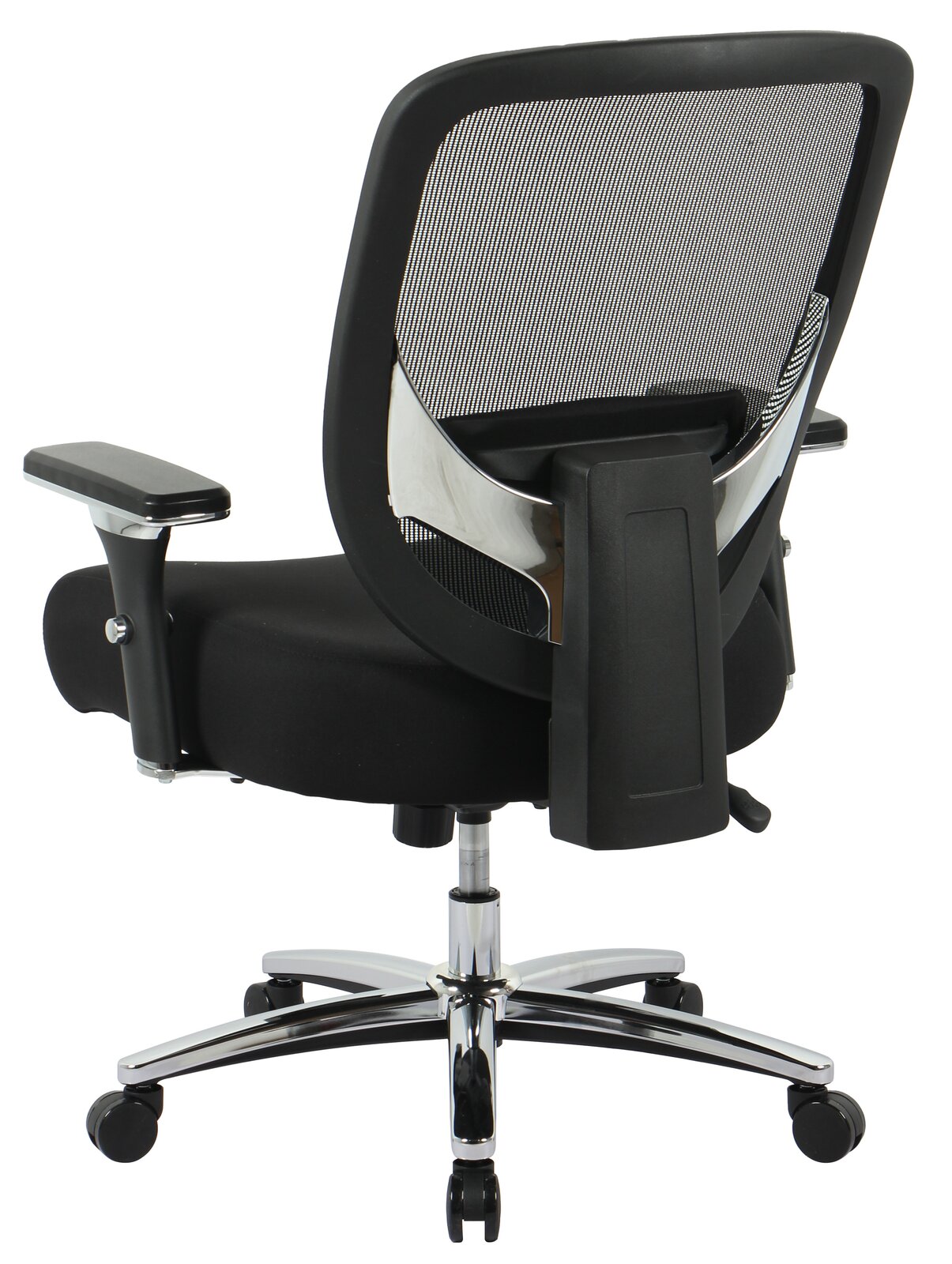 Rückansicht eines Chefsessels mit Netzrückenlehne und verstellbaren Armlehnen, auf einem verchromten Drehfuß mit Rollen.