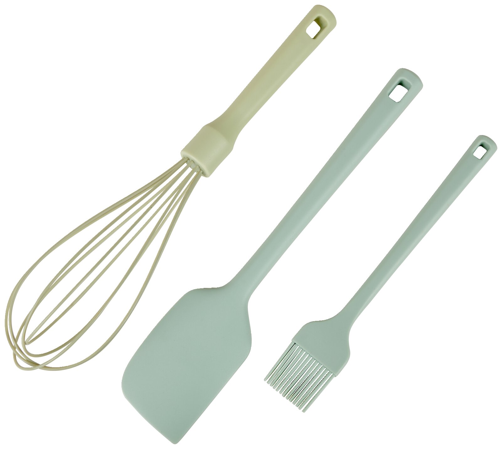 Homeware Küchenhelferset 3-tlg. Dreiteiliges Küchenhelferset bestehend aus einem Schneebesen, einem Spatel und einem Pinsel in Pastellfarben, von oben betrachtet.