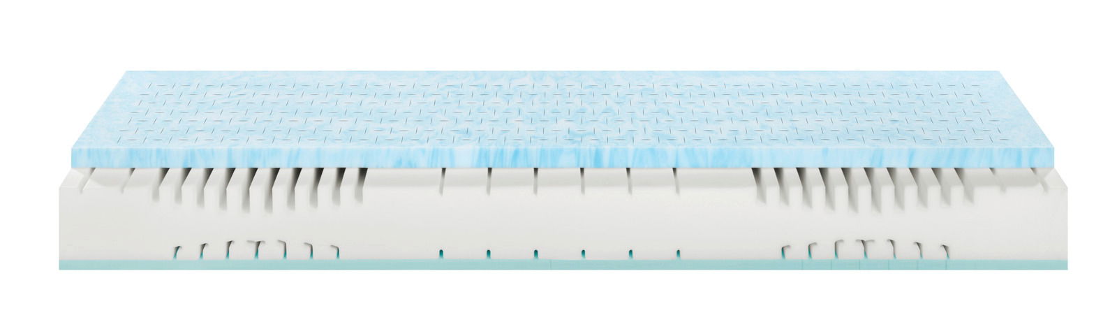 Seitenansicht einer Matratze 90x190 SOFT/MEDIUM mit blauer Oberfläche und strukturierter Schaumstoffschicht.