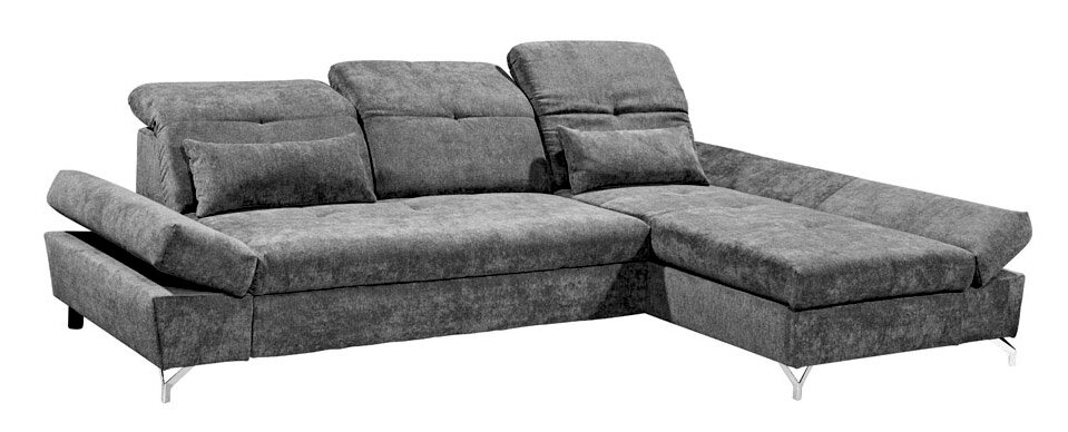 Graues Ecksofa mit verstellbaren Kopfstützen und Armlehnen, Perspektive von vorne rechts