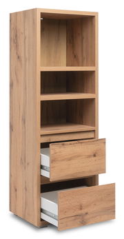 Holzregal mit zwei offenen Schubladen und drei offenen Fächern, frontale Perspektive