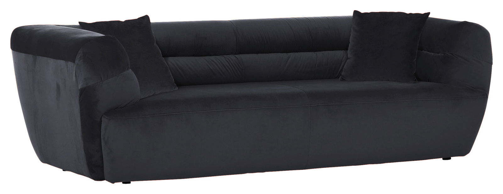 Großes, modernes Big-Sofa in dunklem Stoff mit zwei Kissen, seitliche Perspektive