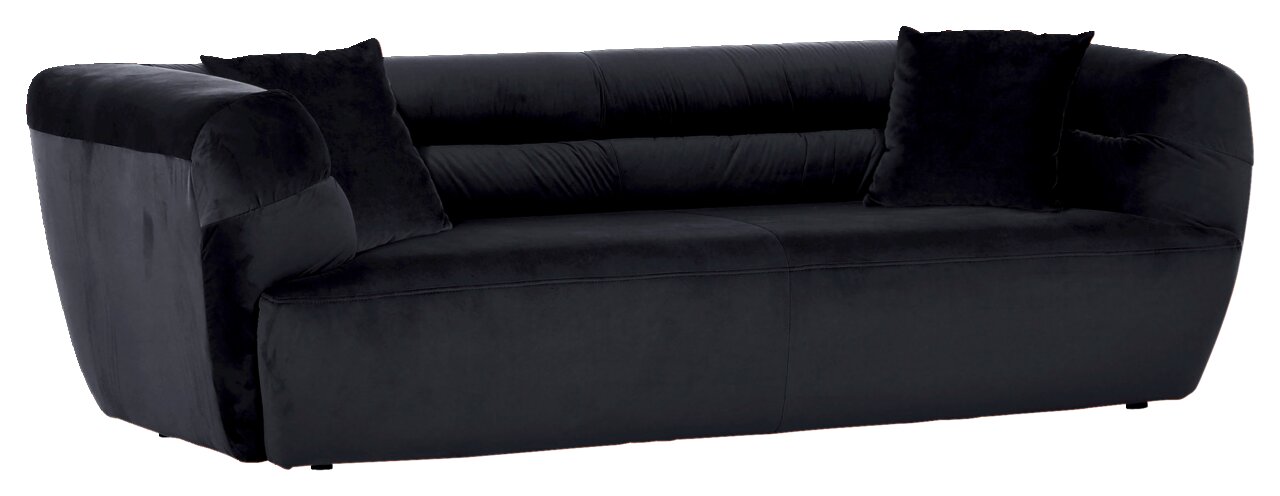 Großes, modernes Big-Sofa in dunklem Stoff mit zwei Kissen, seitliche Perspektive