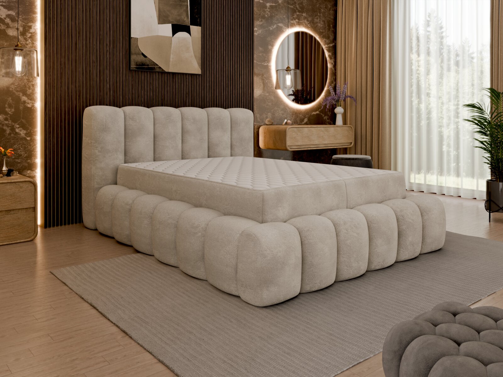 Luxuriöses Polsterbett in einem stilvoll eingerichteten Schlafzimmer, seitliche Perspektive