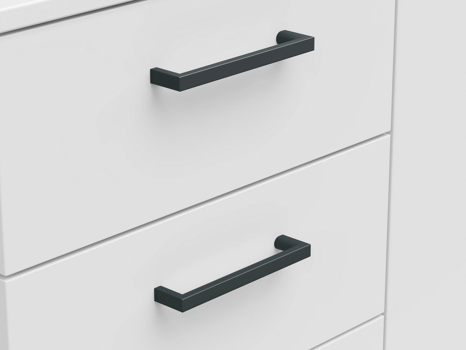 Carryhome Kommode MULTISTAURAUM Nahaufnahme von zwei Schubladen einer weißen Kommode mit schwarzen Griffen, seitliche Perspektive