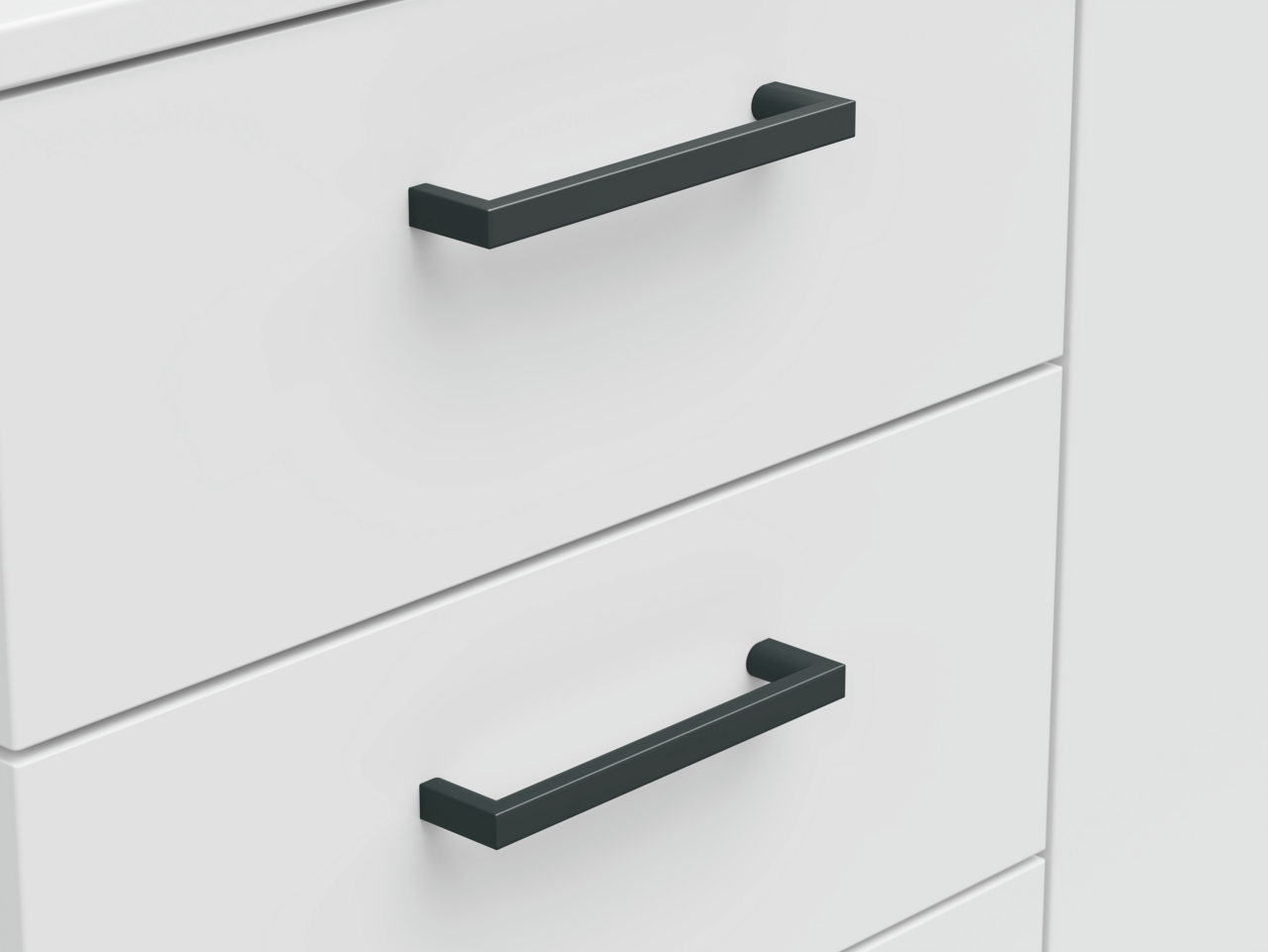 Carryhome Kommode MULTISTAURAUM Nahaufnahme von zwei Schubladen einer weißen Kommode mit schwarzen Griffen, seitliche Perspektive