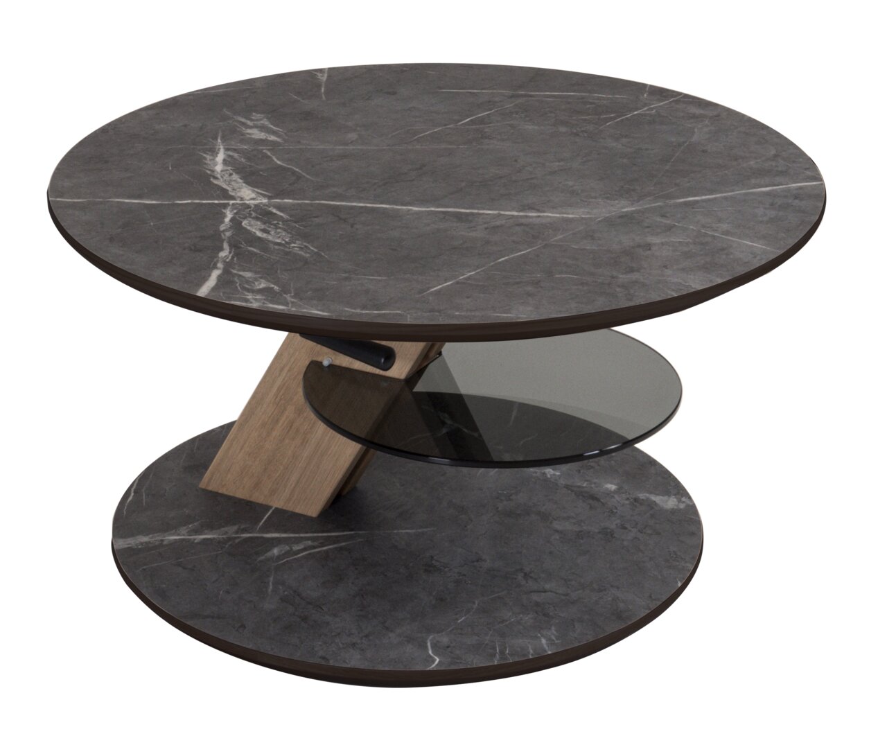 Moderner runder Couchtisch mit grauer Marmoroptik, zwei Glasablagen und einem Holzelement, seitliche Perspektive.