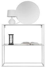 Regal-Konsole aus Metall mit einem runden Spiegel, einer weißen Lampe und einer Sanduhr, frontal betrachtet.