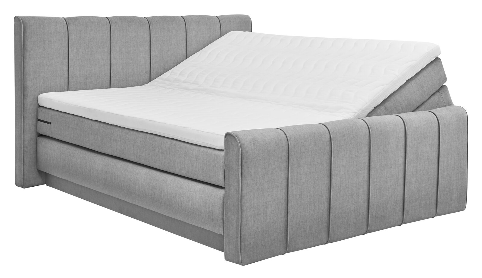 Graues Boxspringbett mit verstellbarem Kopfteil, seitliche Perspektive