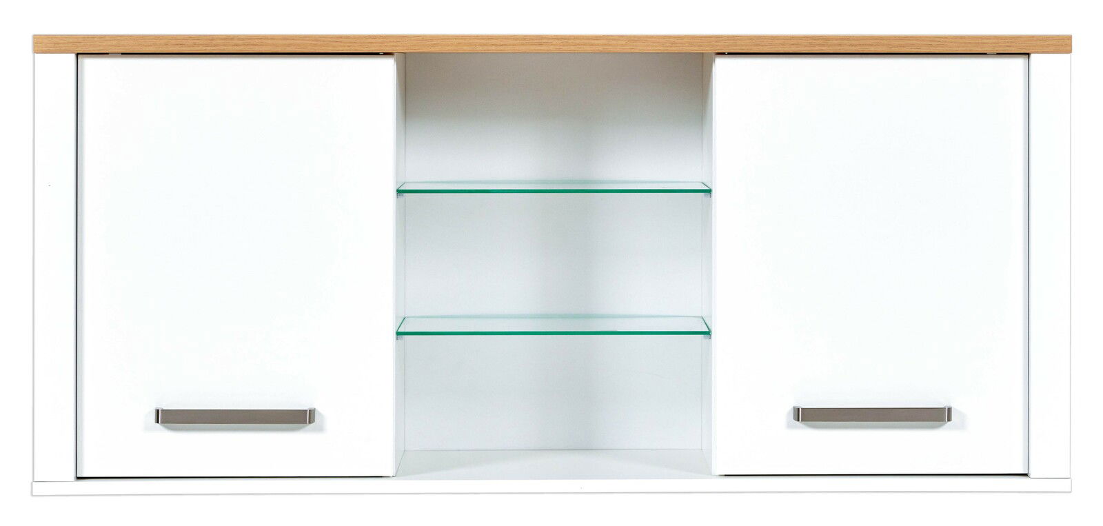 Frontalansicht eines weißen Hängeschranks mit zwei Türen und zwei Glasregalen in der Mitte, Holzoberfläche oben.