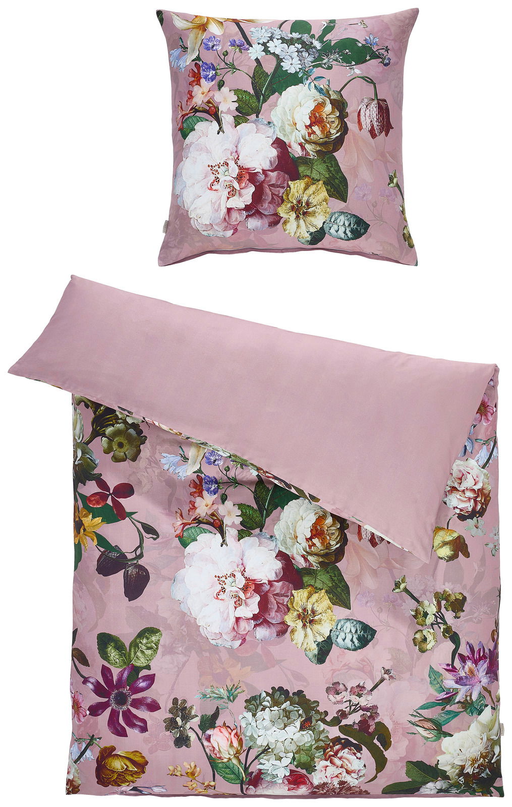 Bettwäsche-Set mit floralem Muster in Rosa, bestehend aus einem Kissenbezug und einem Bettdeckenbezug, aus der Vogelperspektive fotografiert.