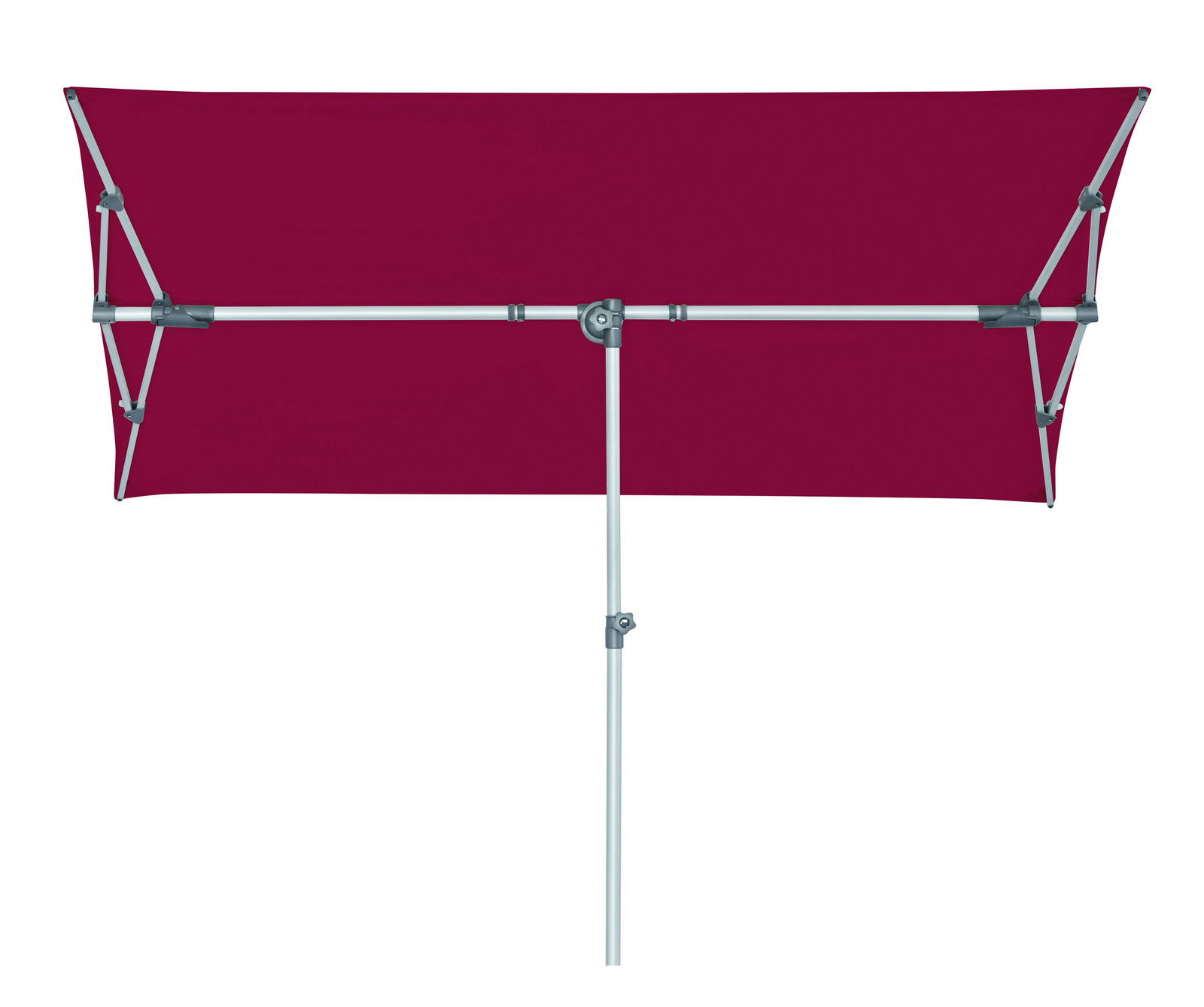 Roter rechteckiger Sonnenschirm von der Seite mit silbernem Gestell