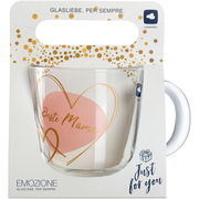 Glas-Tasse mit der Aufschrift 'Beste Mama' in einem goldenen Herzdesign, frontal präsentiert in einer Geschenkverpackung.