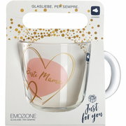 Glas-Tasse mit der Aufschrift 'Beste Mama' in einem goldenen Herzdesign, frontal präsentiert in einer Geschenkverpackung.