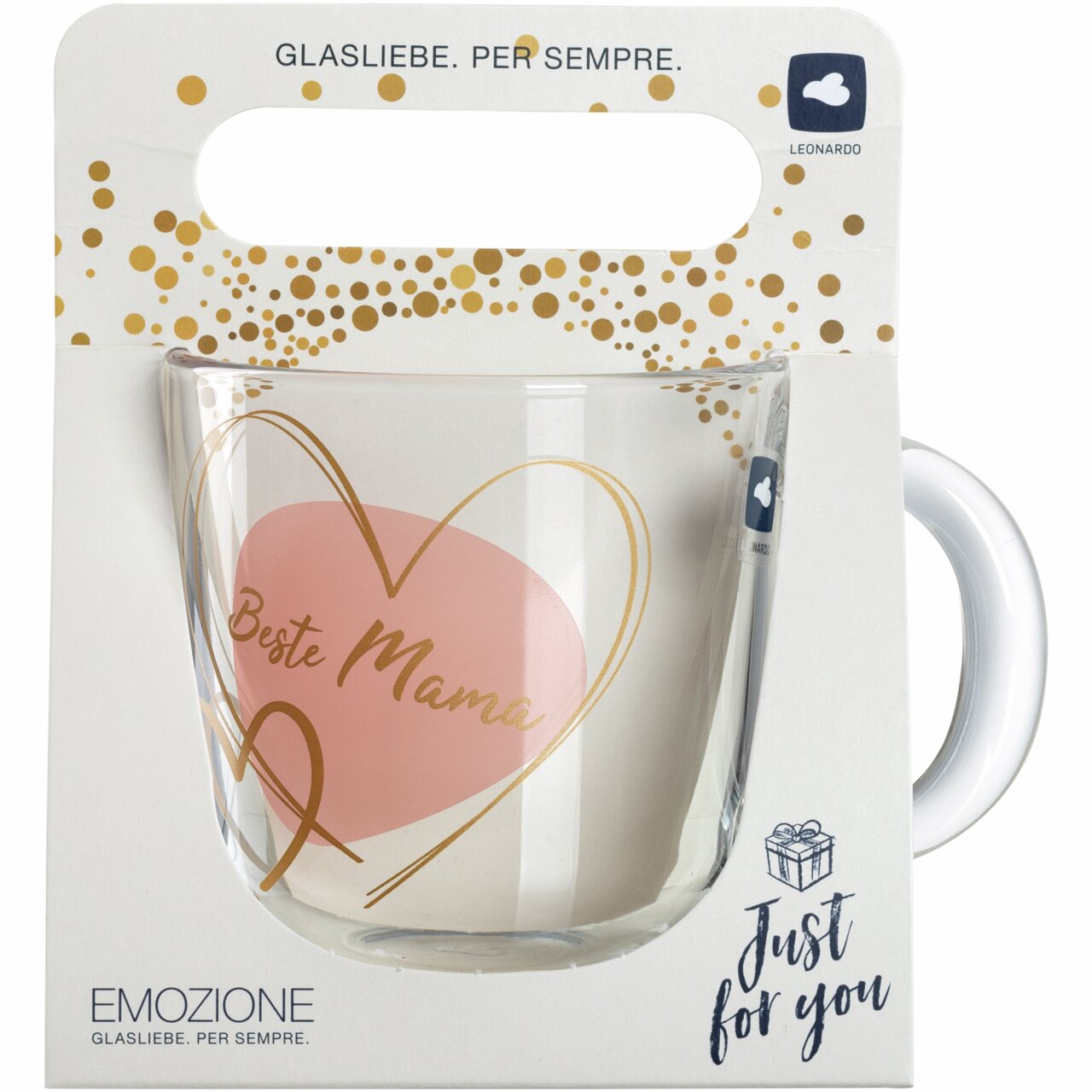 Glas-Tasse mit der Aufschrift 'Beste Mama' in einem goldenen Herzdesign, frontal präsentiert in einer Geschenkverpackung.