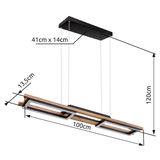 Moderne Hängeleuchte mit rechteckigem Design, Holz- und Metallelementen, seitliche Perspektive