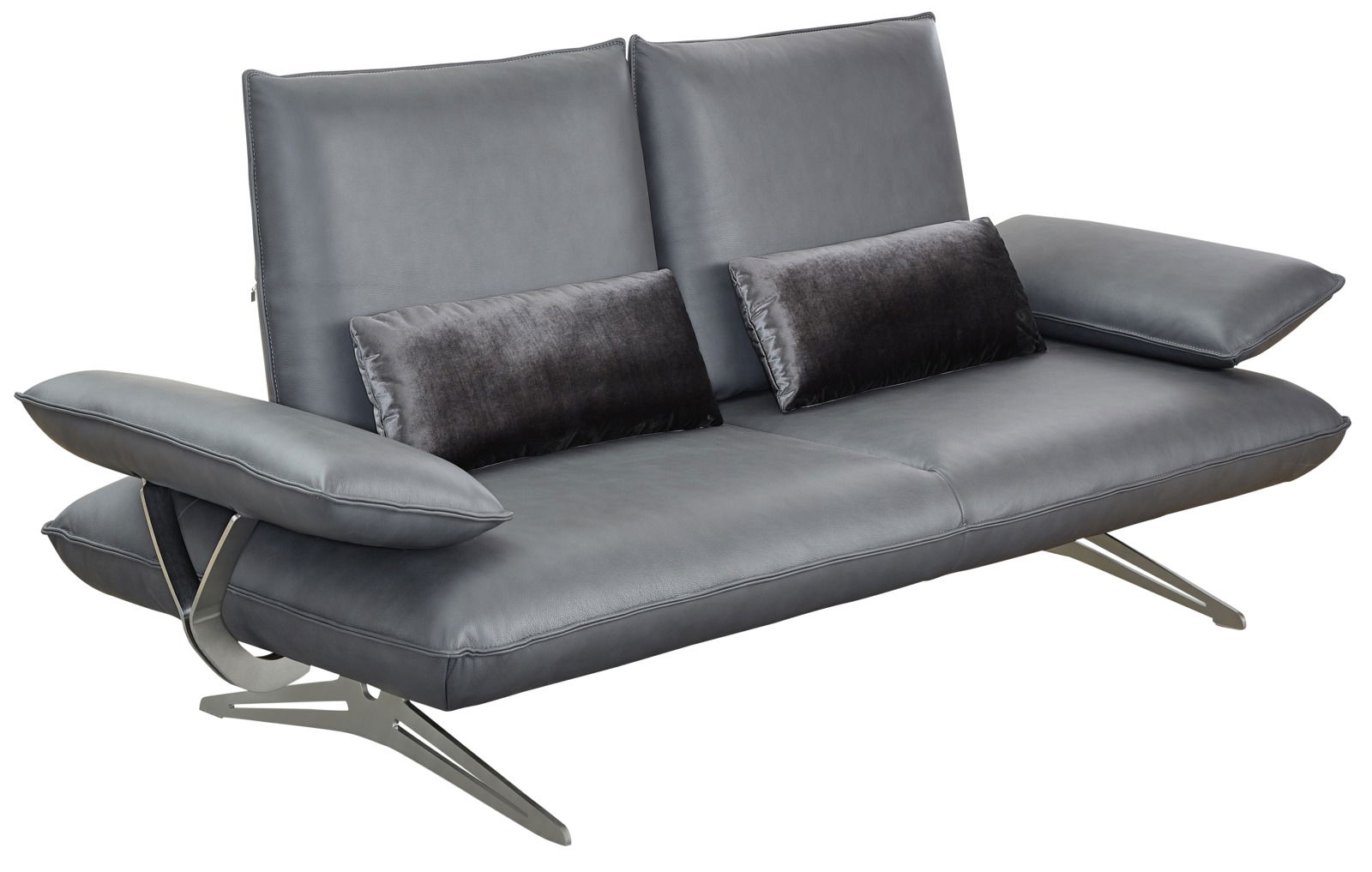 Modernes graues 2,5-Sitzer Sofa mit verstellbaren Armlehnen und eleganten Metallfüßen, seitliche Perspektive