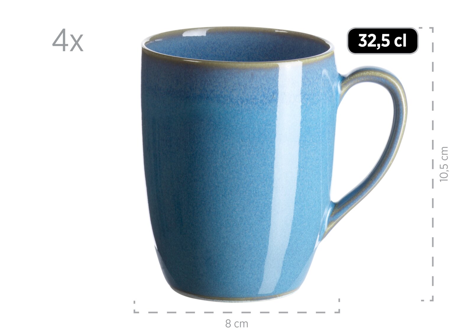 Blaue Keramik-Kaffeetasse mit Henkel, 32,5 cl Fassungsvermögen, ca. 10,5 cm hoch und 8 cm breit, Produktansicht frontal leicht von oben auf weißem Hintergrund