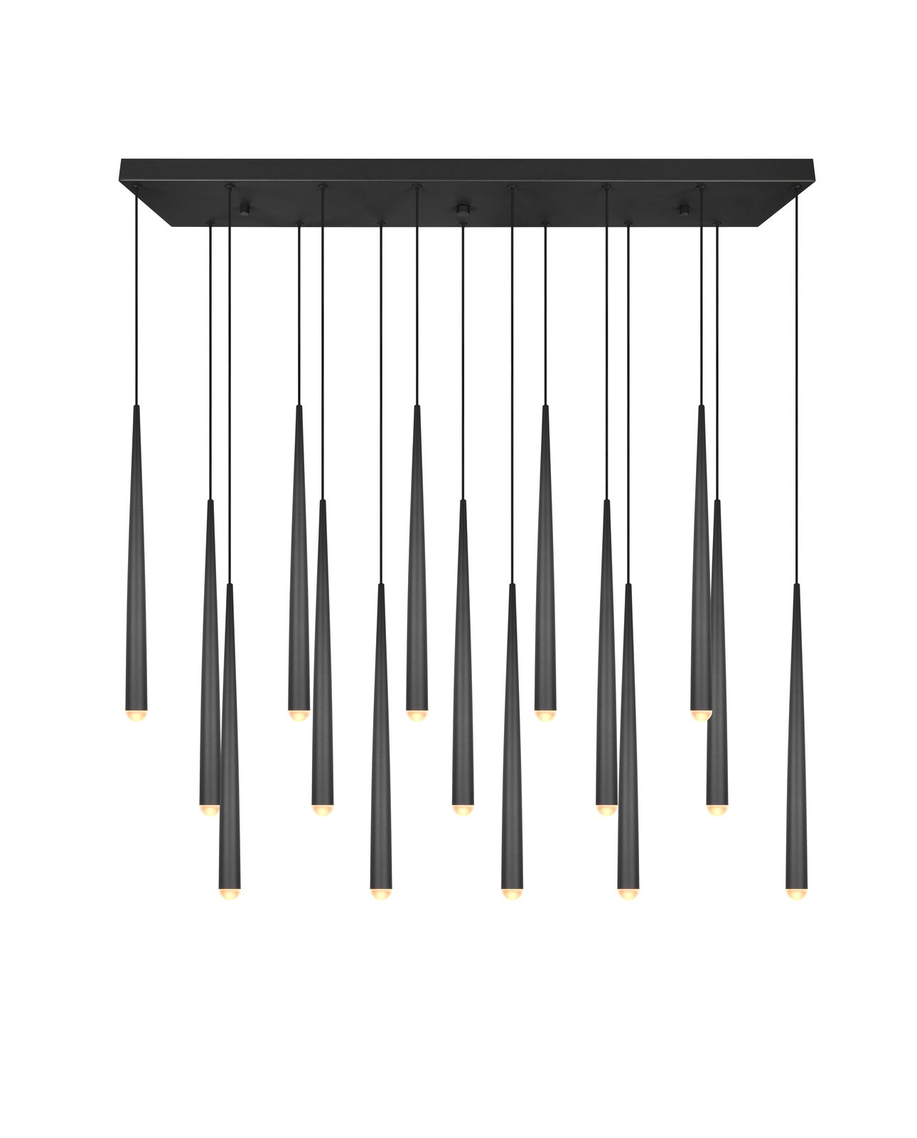 Moderne Pendelleuchte mit mehreren schwarzen, konischen Anhängern, von unten betrachtet.