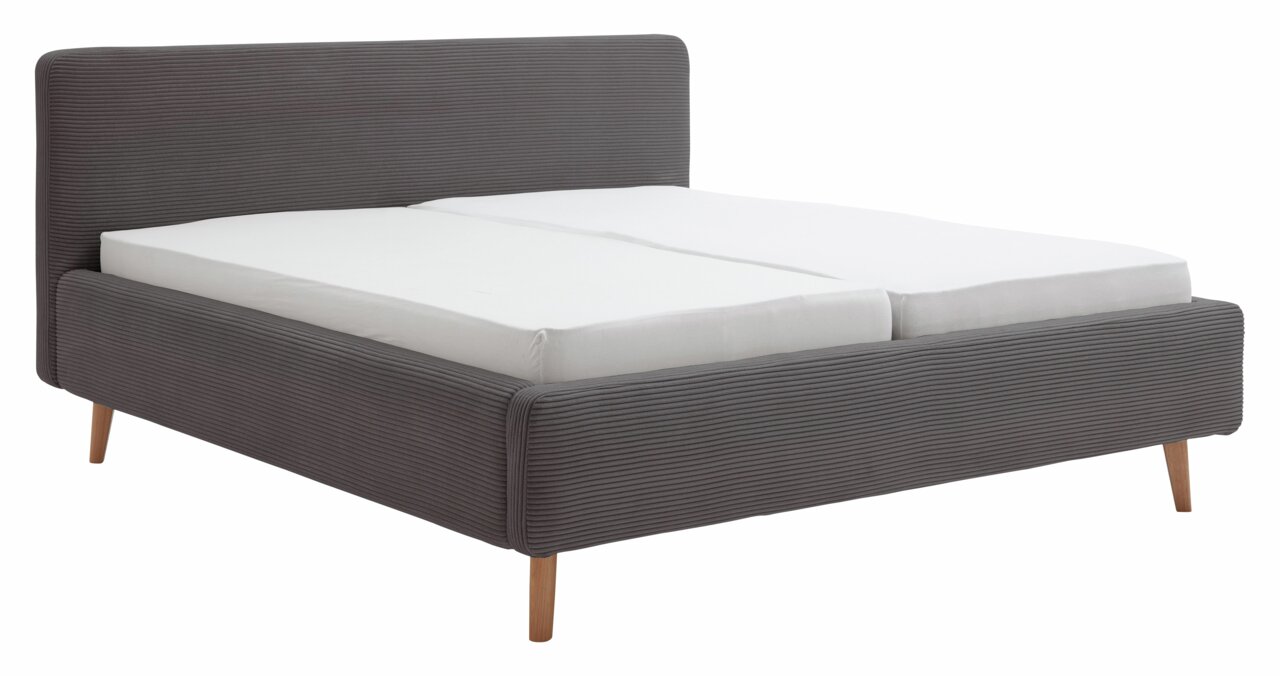 XORA Polsterbettgestell MATTIS Graues Polsterbettgestell mit Holzfüßen, seitliche Perspektive