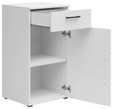 Weiße Kommode mit einer offenen Schublade und einer geöffneten Tür, seitliche Perspektive