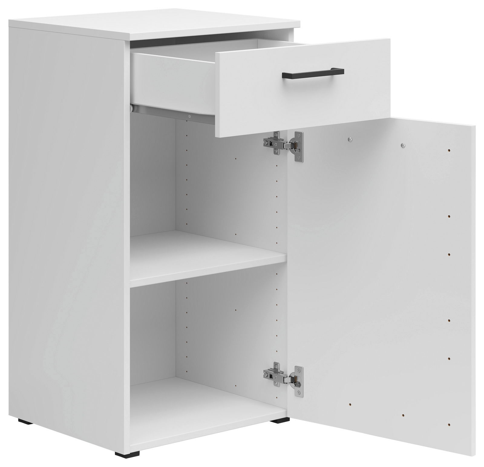 Weiße Kommode mit einer offenen Schublade und einer geöffneten Tür, seitliche Perspektive