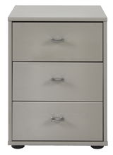 Graue Nachtkonsole mit drei Schubladen und silbernen Griffen, Frontalansicht