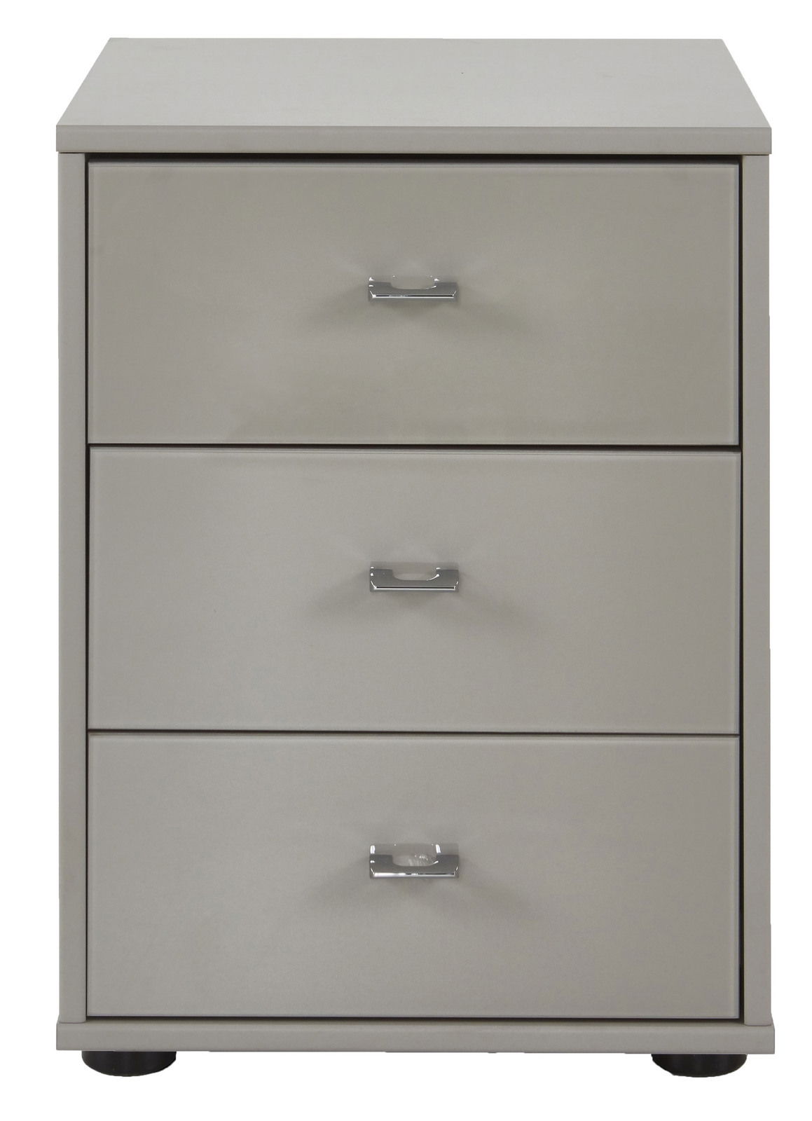 Graue Nachtkonsole mit drei Schubladen und silbernen Griffen, Frontalansicht
