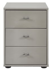 Graue Nachtkonsole mit drei Schubladen und silbernen Griffen, Frontalansicht