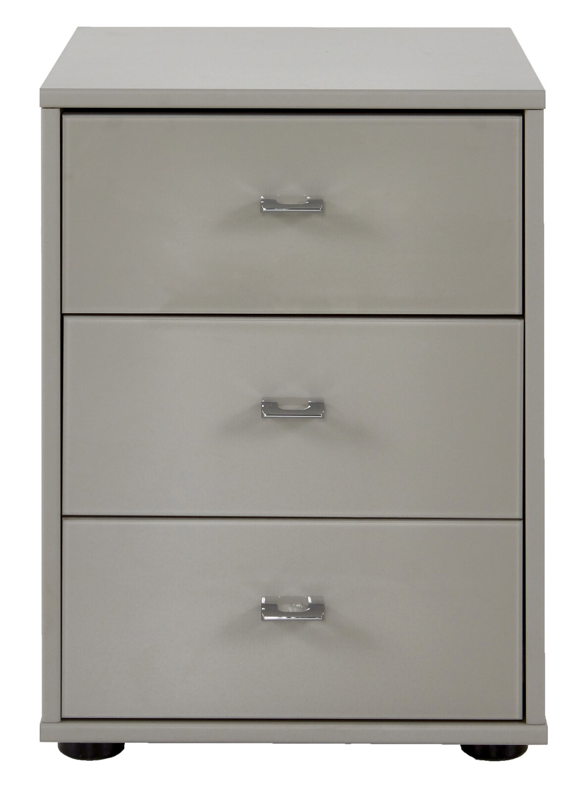 Graue Nachtkonsole mit drei Schubladen und silbernen Griffen, Frontalansicht