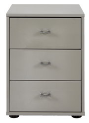 Graue Nachtkonsole mit drei Schubladen und silbernen Griffen, Frontalansicht