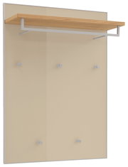 Wandgarderobe mit großem Spiegel, Ablage aus Holz und weißer Kleiderstange mit fünf Haken, schräg von vorne rechts fotografiert